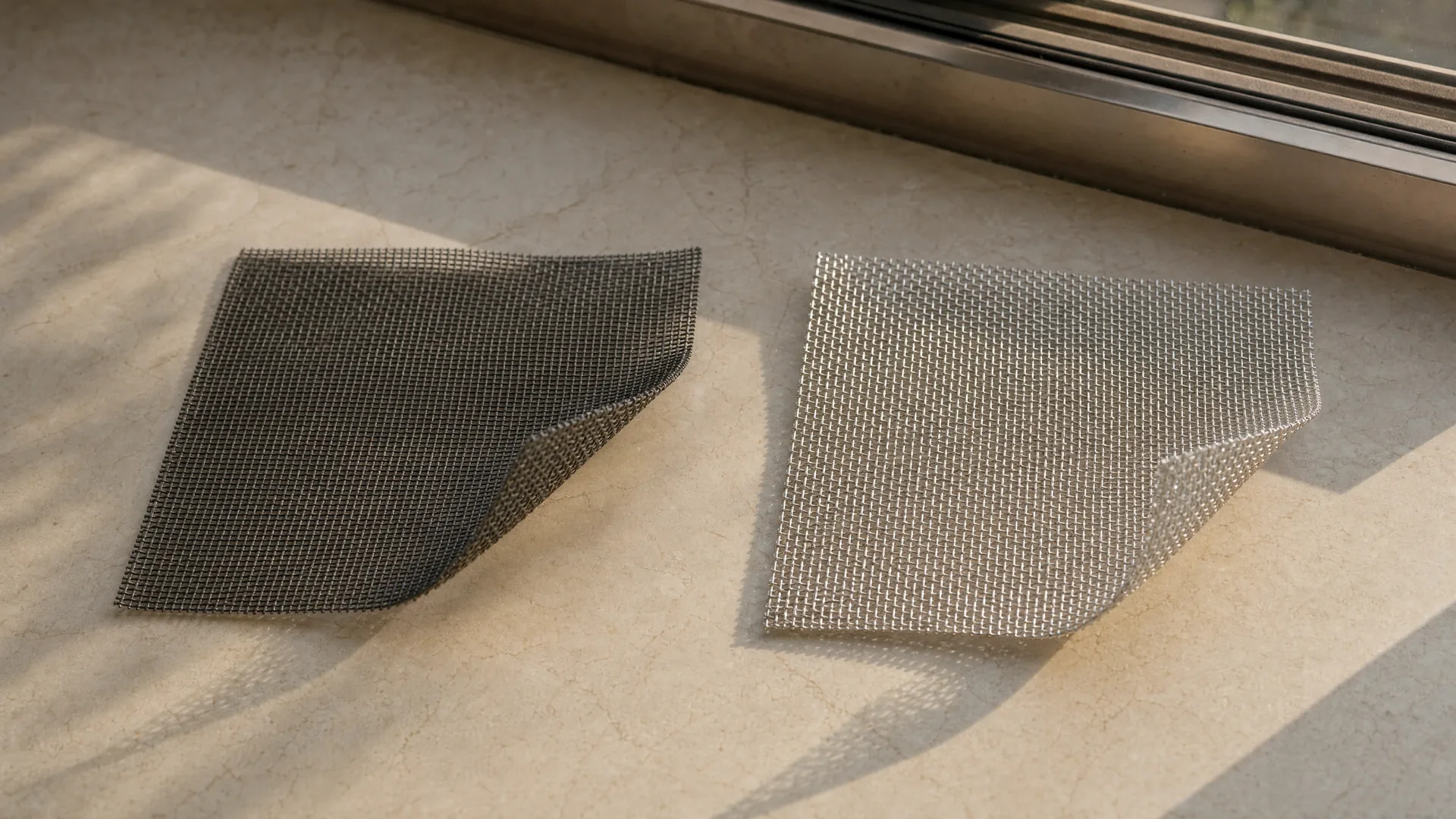 Two mesh samples on a sill: soft fibreglass and stiff aluminium