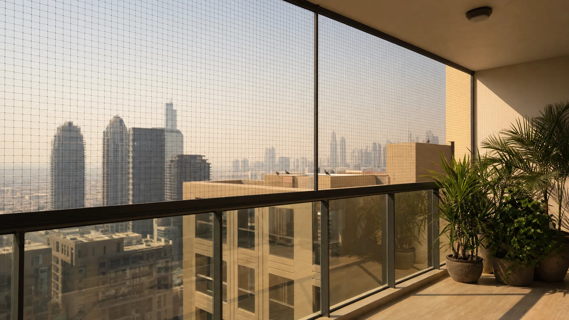 A Dubai high-rise balcony closed off with protective netting
