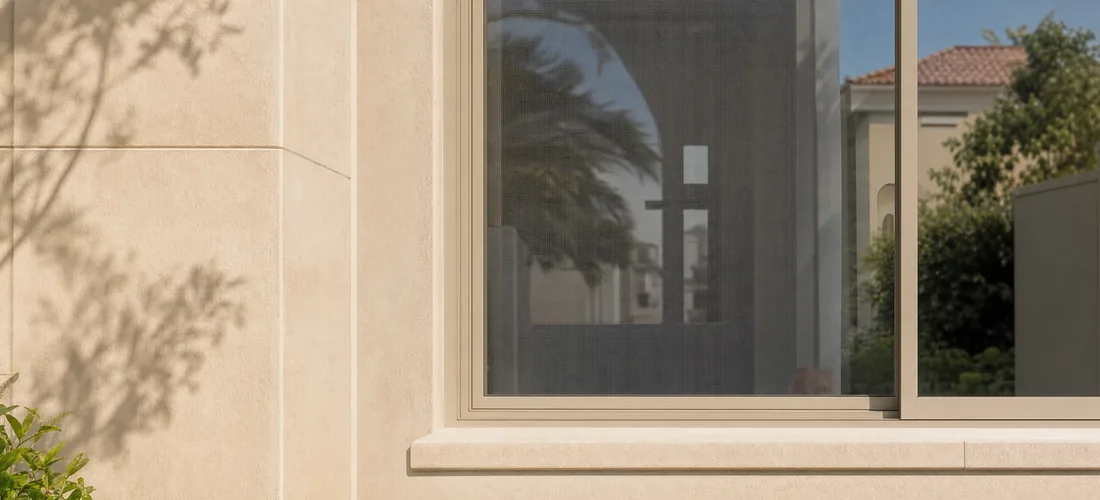 A screen matched to the window frame on a Dubai community villa
