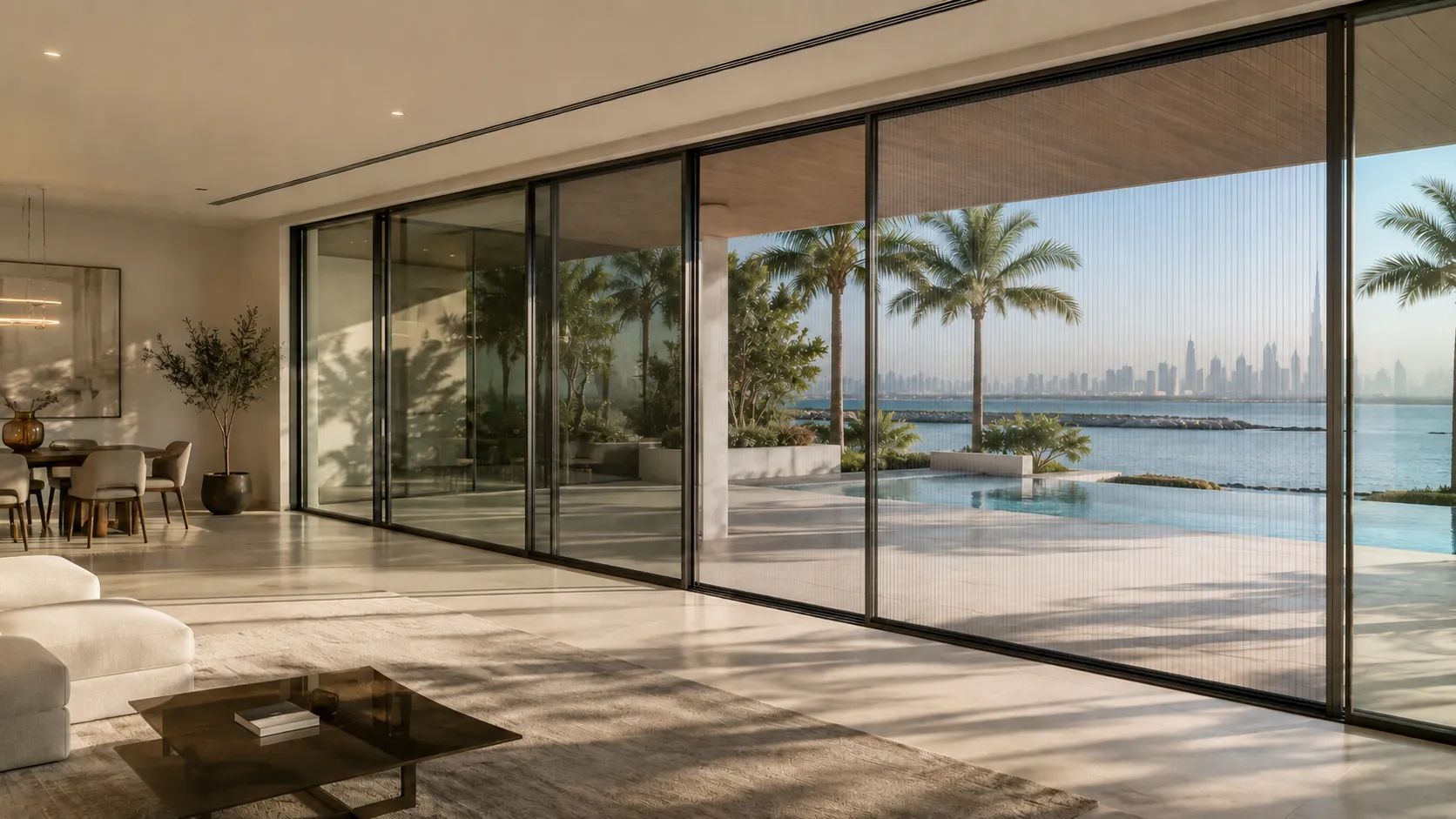 A panoramic door with a pleated screen and a view of the bay