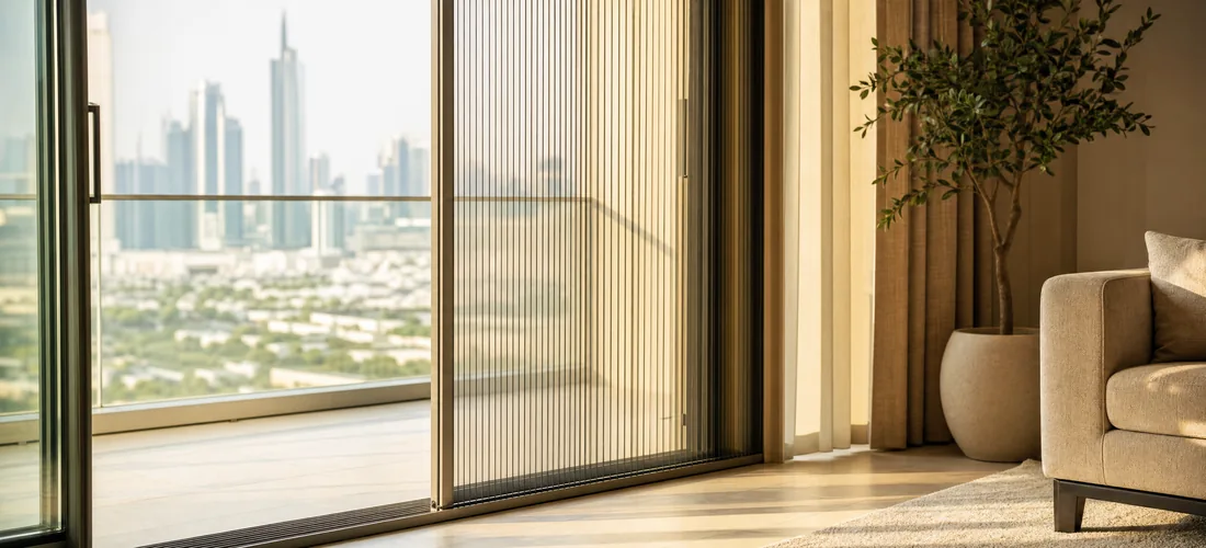 A pleated screen half drawn across a wide balcony door