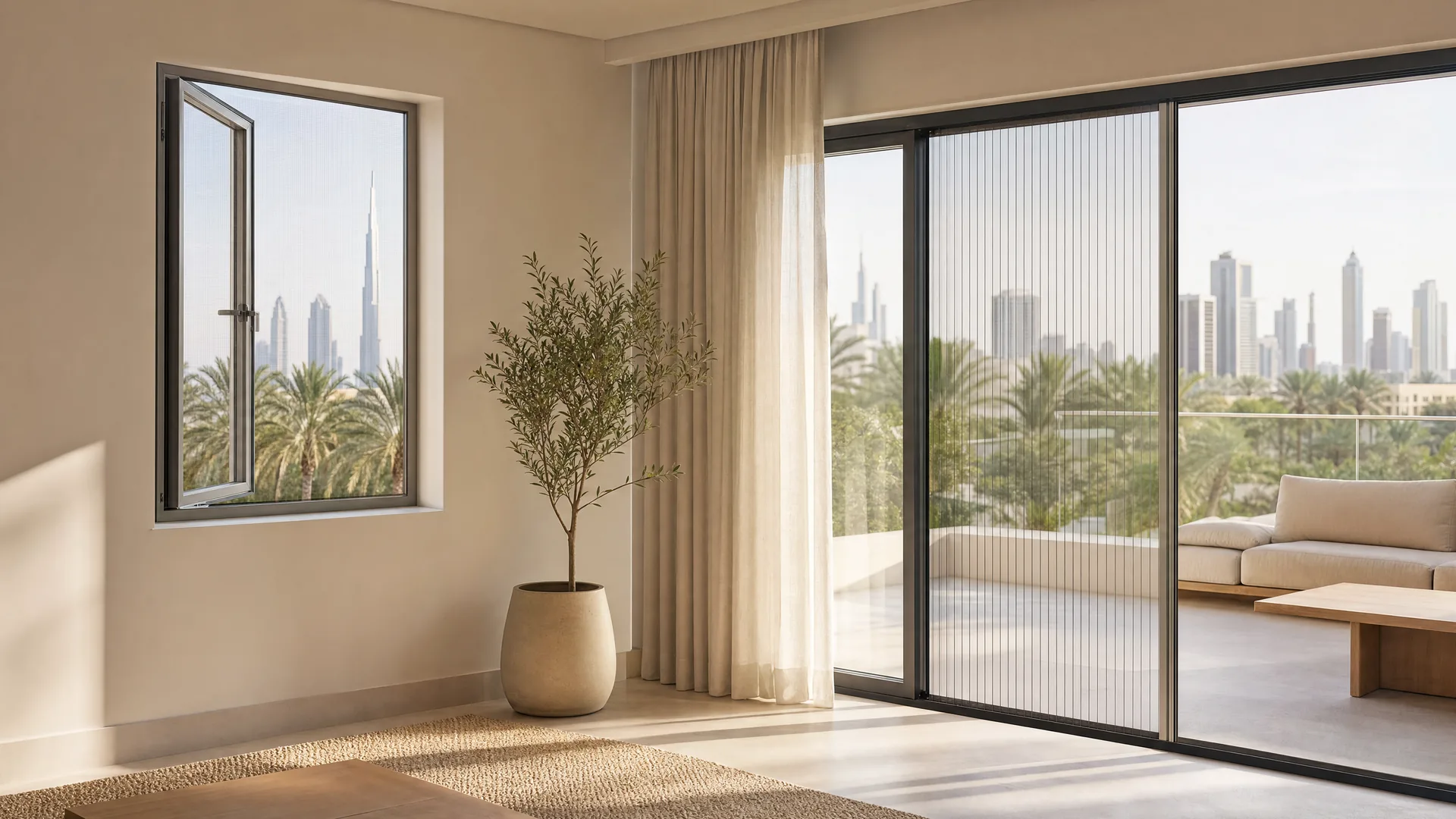 A Dubai room with a framed window screen and a pleated screen on the balcony door