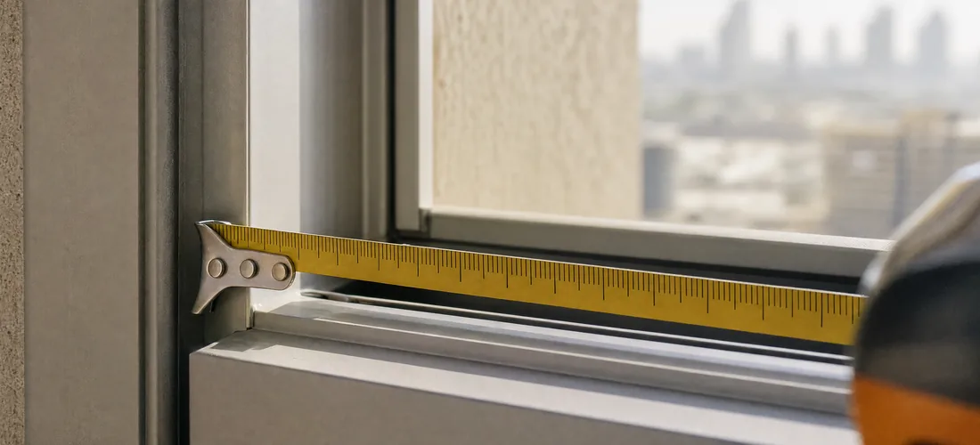 A tape measure stretched across the inner width of a window frame