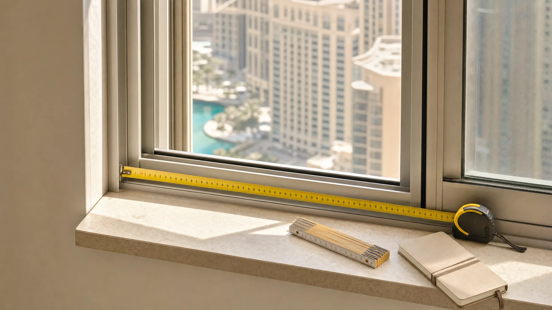 A tape measure on the sill of a window opening over the city