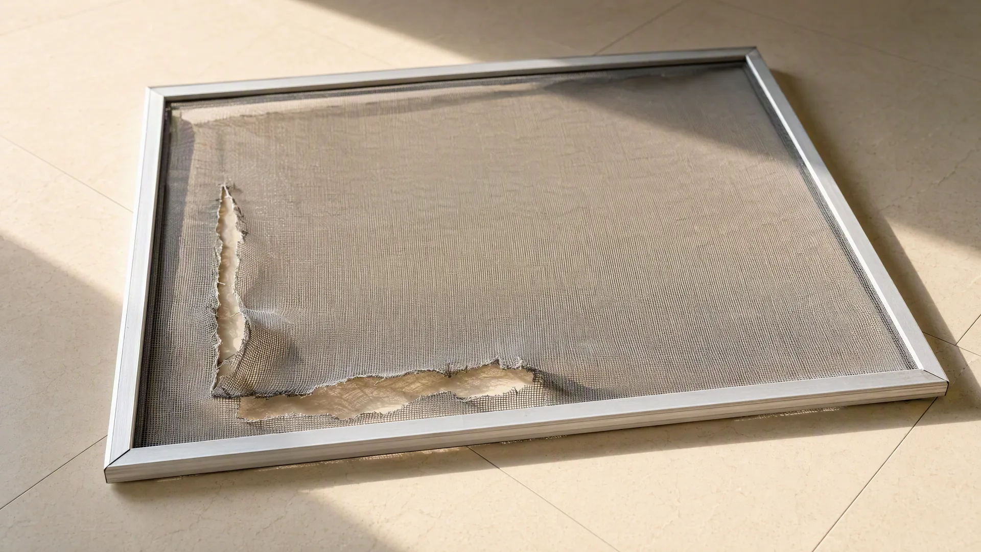 A screen with a torn mesh lying on the floor, the frame intact