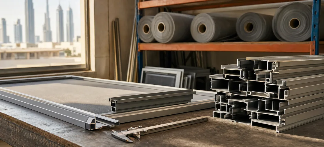 Aluminium profile and rolls of mesh on a workbench