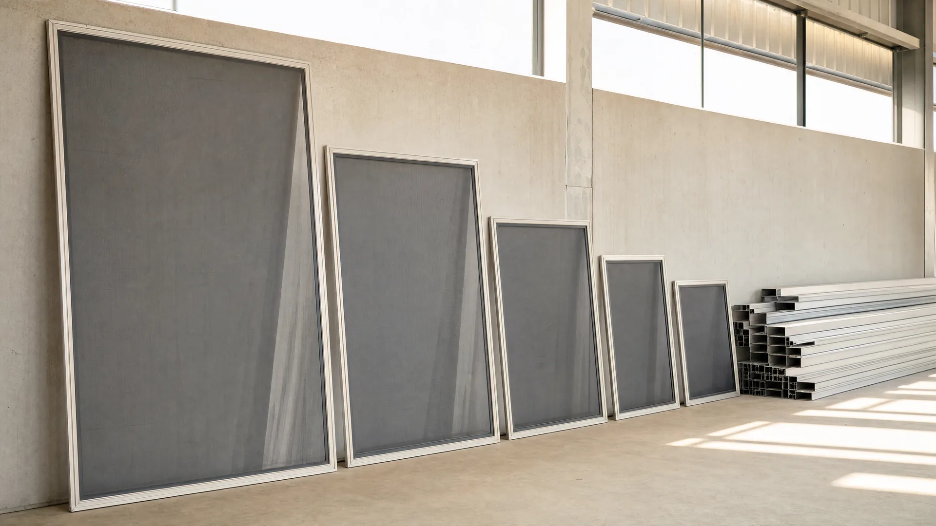 Finished screen frames of different sizes against a workshop wall