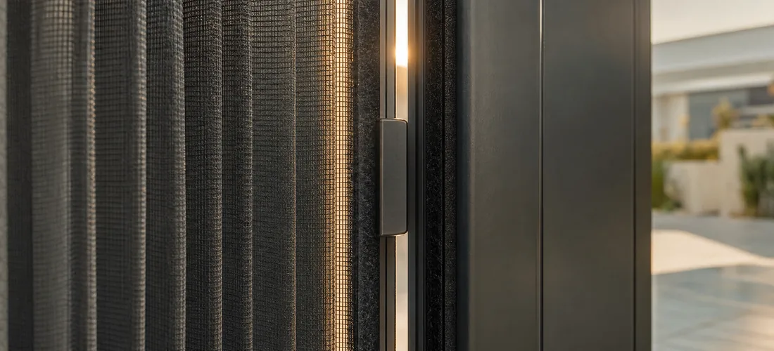 The catch of a pleated screen with a thin line of light at the side post