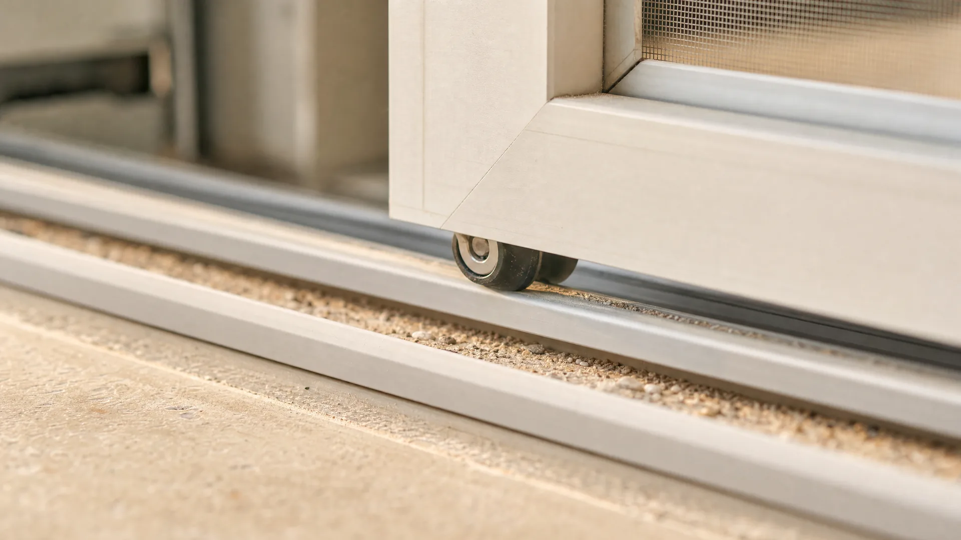 The roller of a sliding screen in a bottom track full of sand