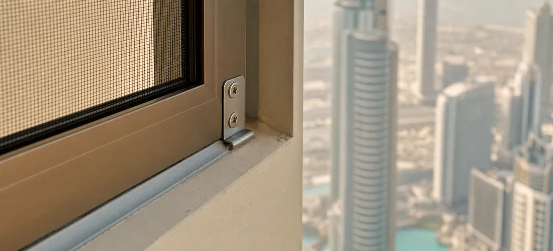The bracket fixing the frame to the profile high up, towers below