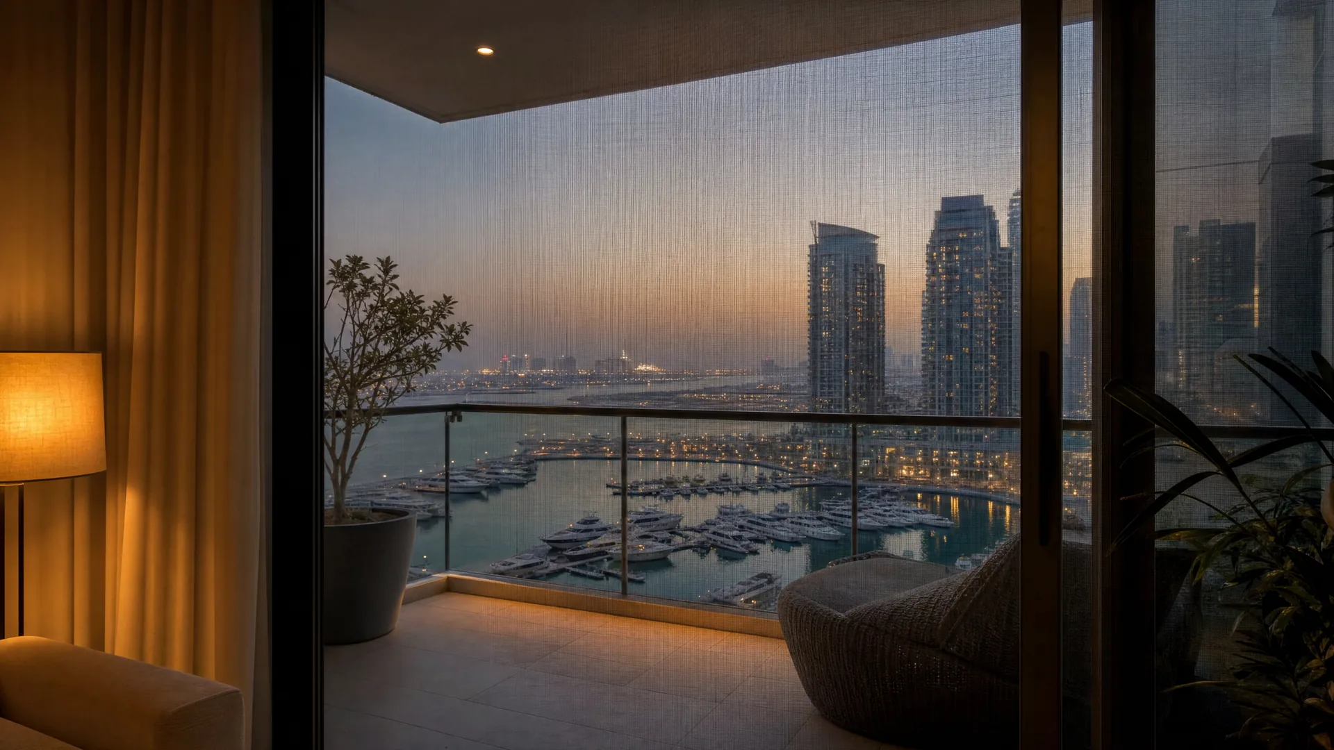 An evening balcony over the marina seen through a closed screen