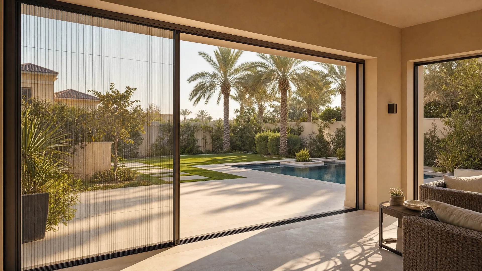 A pleated screen across a wide terrace opening of a Dubai villa