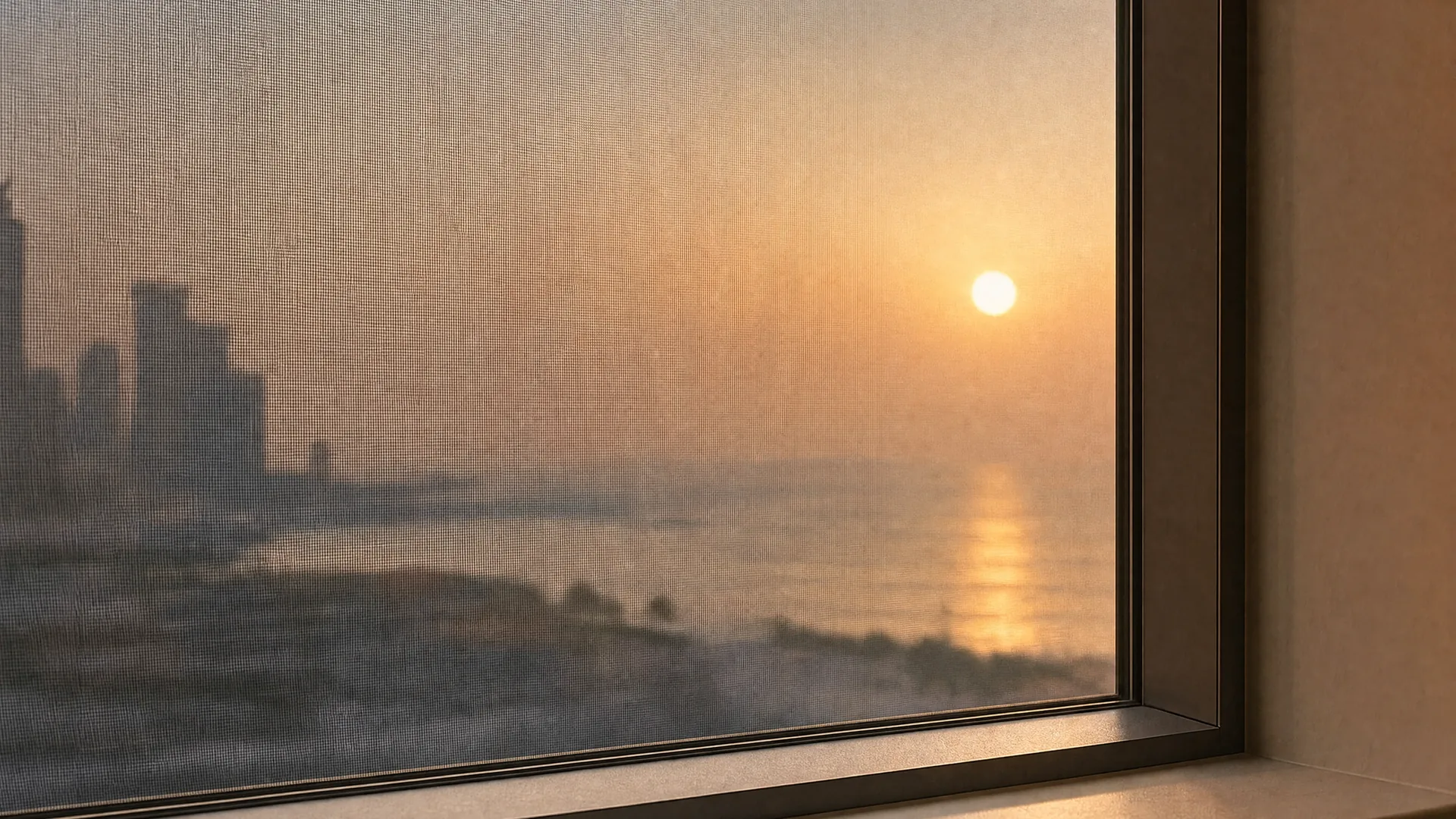 A fine mesh on a seaside window against the evening sun
