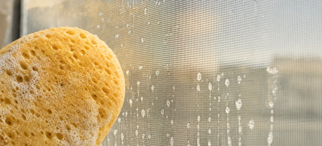 A sponge on the mesh, water beading on the clean weave