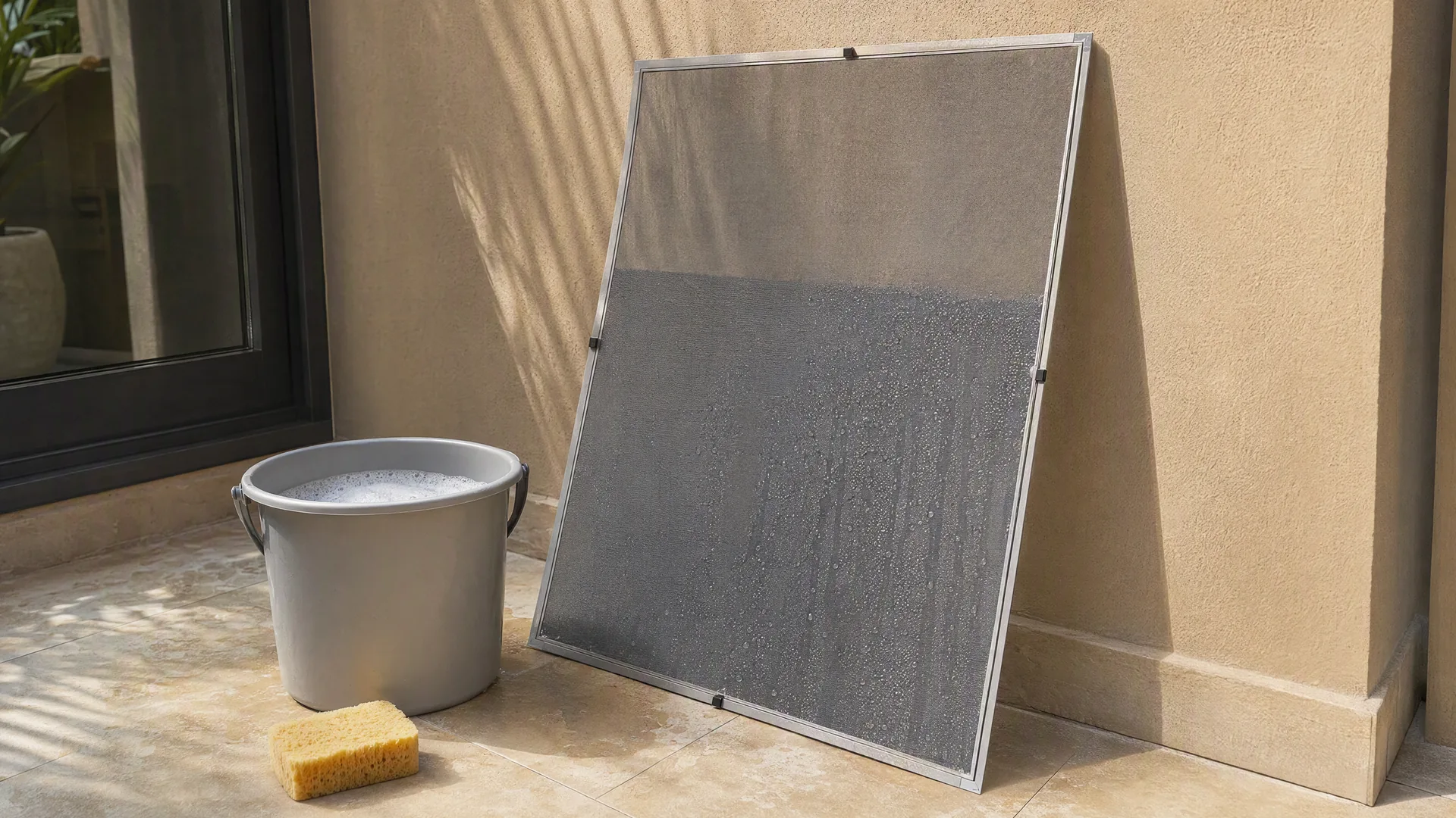 A screen taken down, a bucket of soapy water and a sponge in the shade