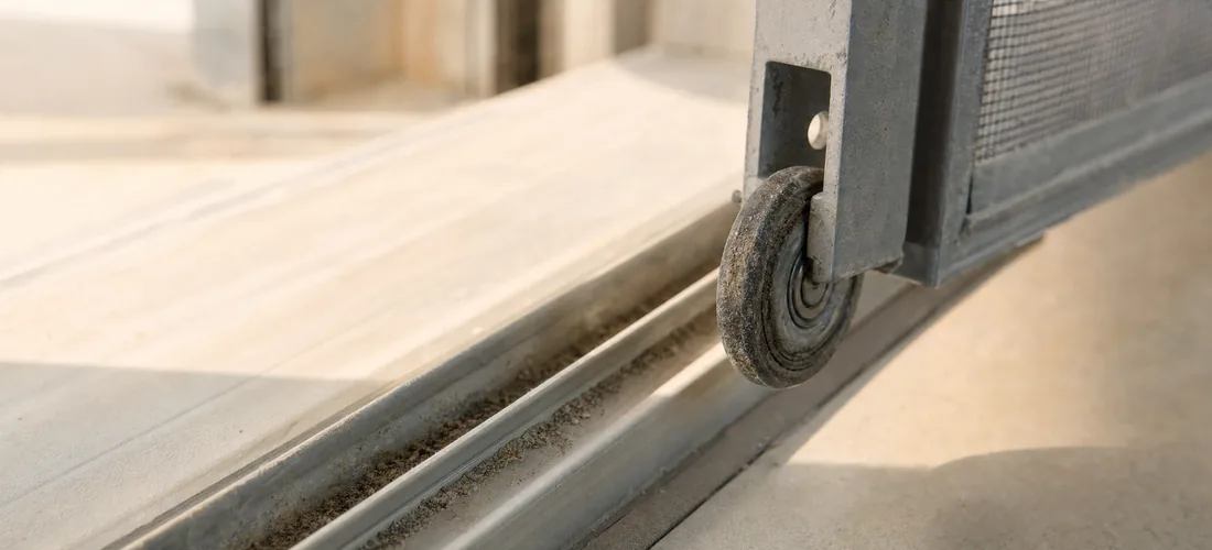 A worn roller and sand in the aluminium channel