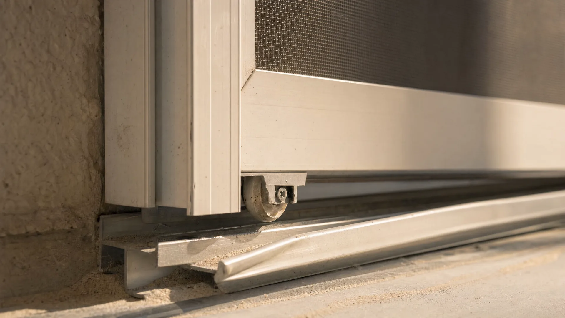A sliding screen frame lifted out of its bottom track