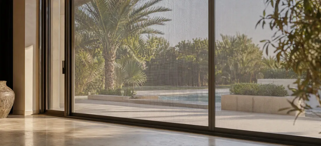 A sliding screen on a villa terrace door, the garden beyond the mesh