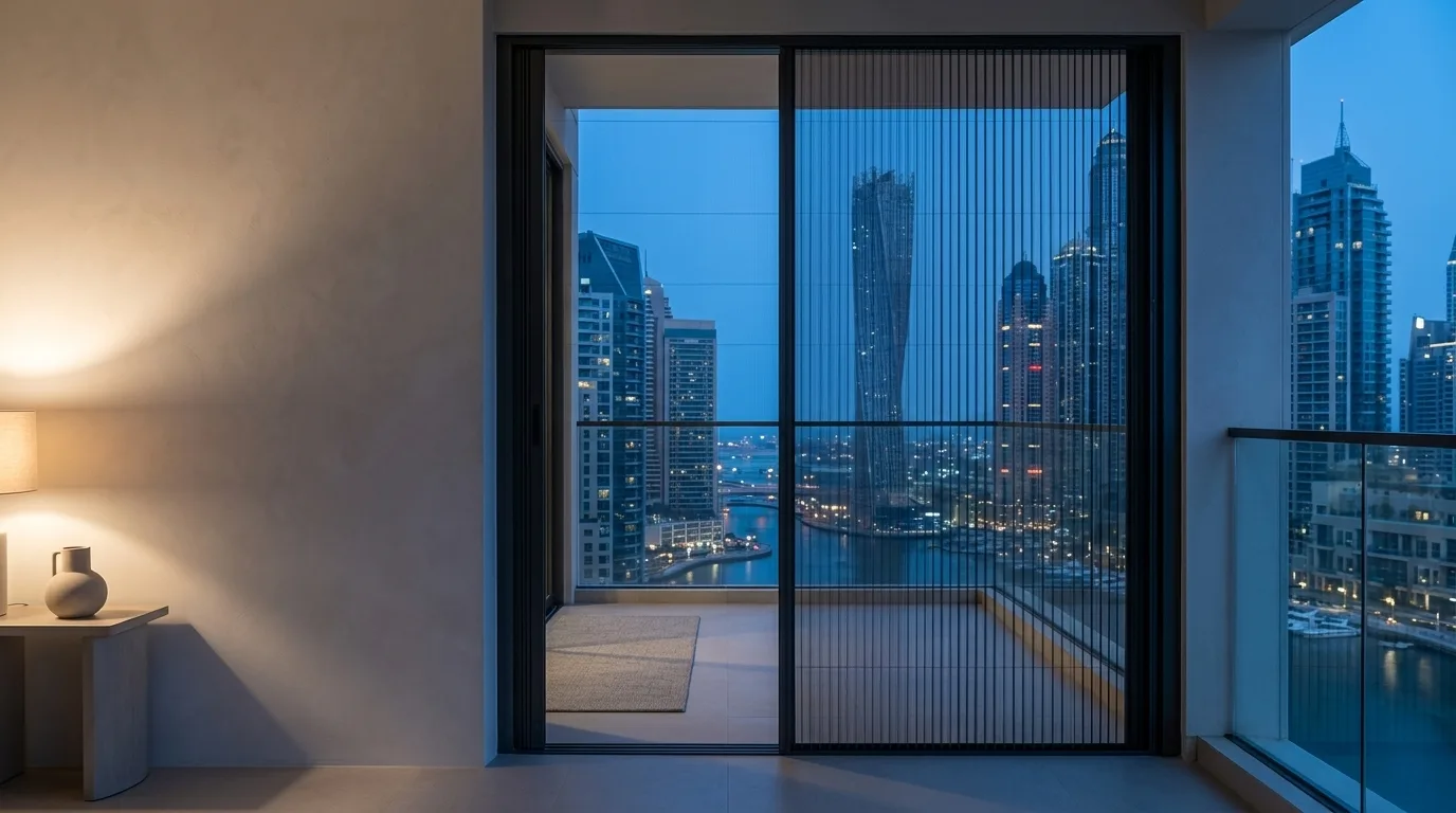 Mosquito screen on a window at dusk
