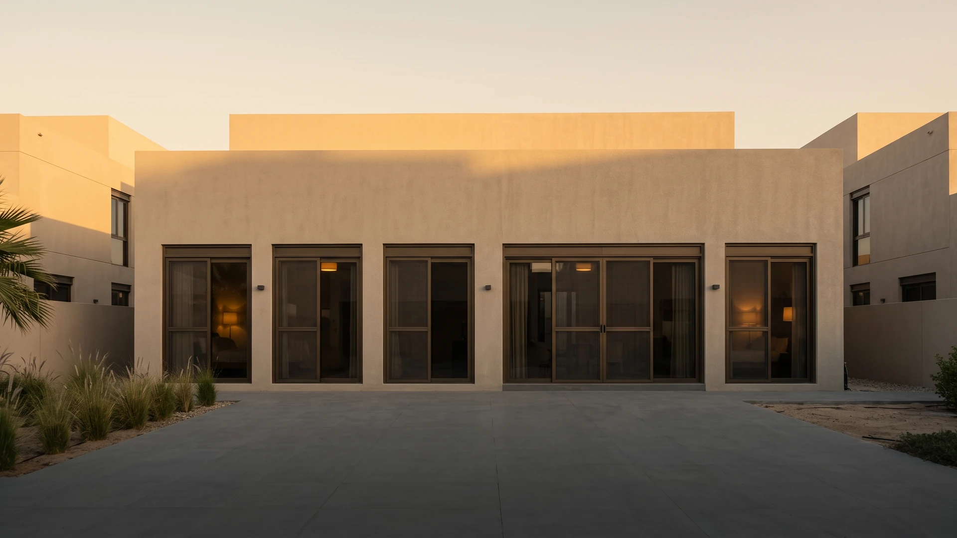 Villa facade in a Dubai community with screens matching the window frames