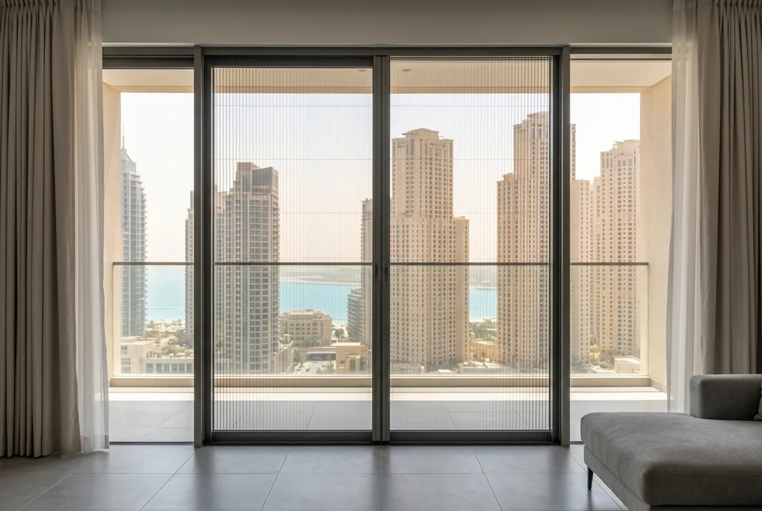 Tower apartment balcony with a mosquito screen