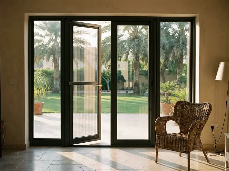 Pair of hinged mosquito screen doors on the French doors of a Dubai villa