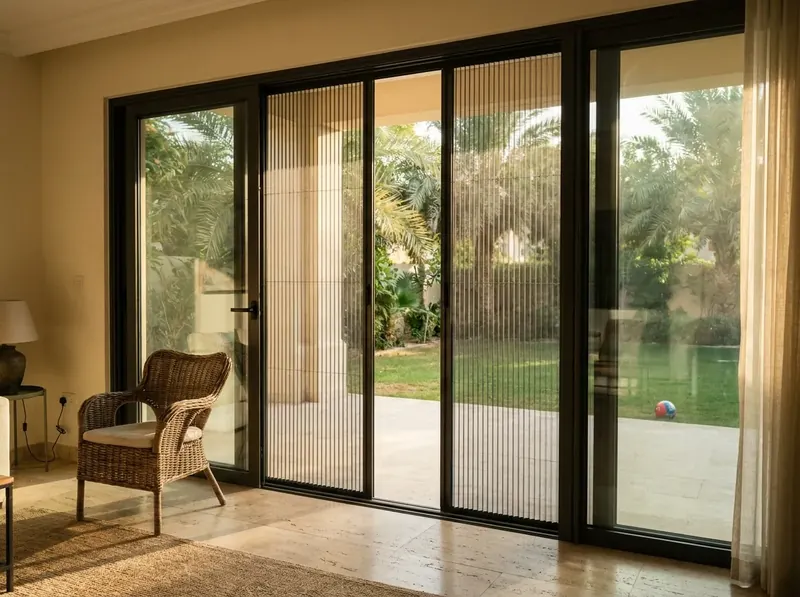 Two pleated mosquito screens meeting in the centre of villa garden doors in Arabian Ranches