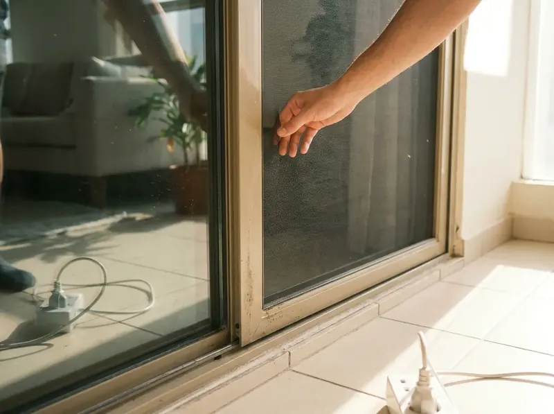 Hand pushing a mosquito screen panel along an aluminium track