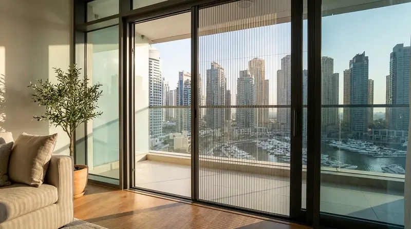 Dubai Marina apartment with a pleated mosquito screen across its sliding balcony door and the marina outside