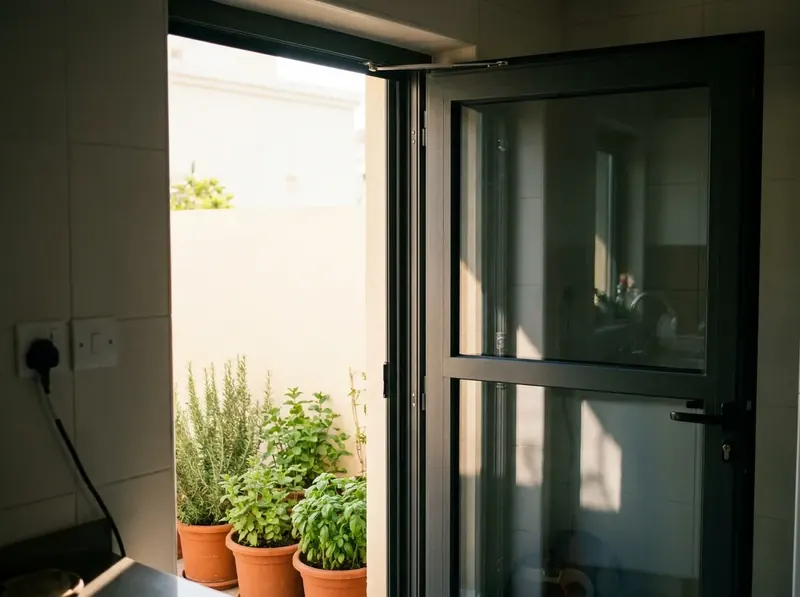 Hinged mosquito screen door with a door closer at the kitchen exit of a villa to the garden