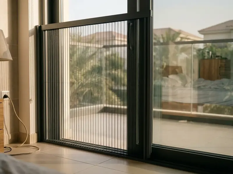 Pleated mosquito screen half drawn across a tall bedroom window in a villa