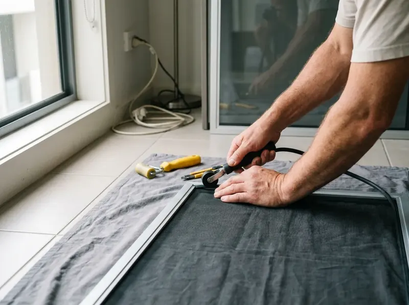 Fitter pressing a rubber spline into a screen frame over new mosquito mesh