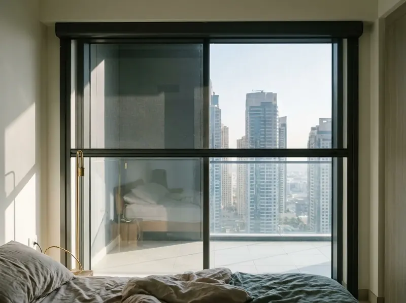 Bedroom window with a roll-up mosquito screen and its box above the glass