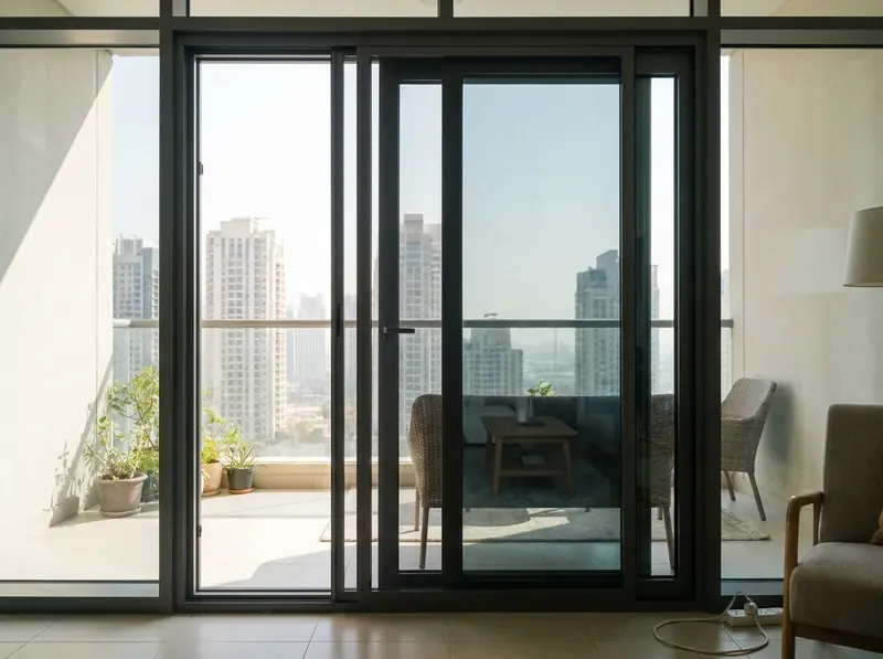 Sliding mosquito screen door on its own track beside the glass door of a Dubai balcony