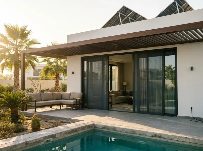 Pleated mosquito screens on the wide terrace doors of a villa beside the pool