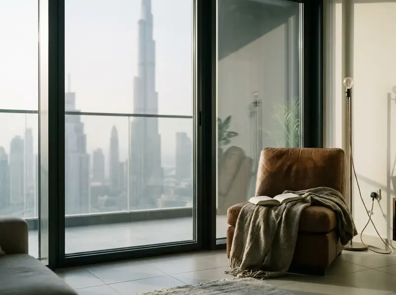 Fixed frame mosquito screen in a Downtown Dubai living room window with Burj Khalifa behind