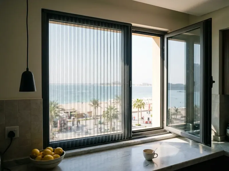 Pleated mosquito screen on a kitchen window in a JBR apartment with a sea view