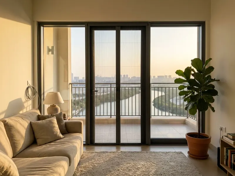 Mosquito screen closed on the balcony door of an Al Reem Island apartment in Abu Dhabi, mangroves below