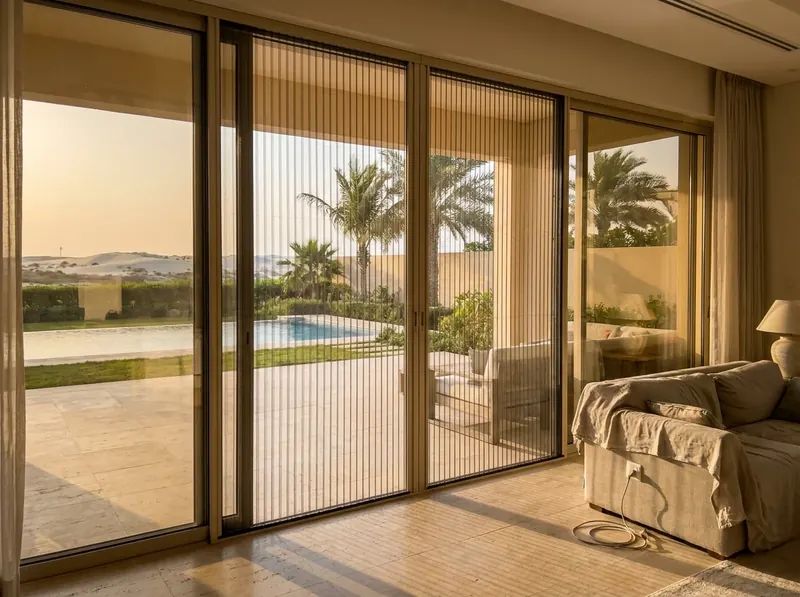 Villa on Saadiyat Island in Abu Dhabi with pleated mosquito screens closed on its garden doors