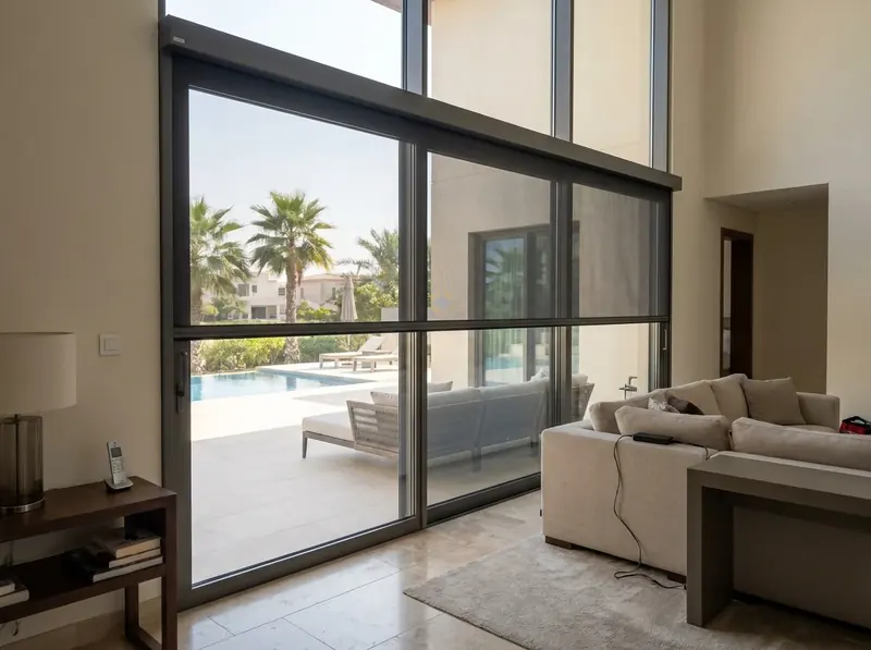 Motorised mosquito screen half lowered on a tall glass wall, wall switch beside it
