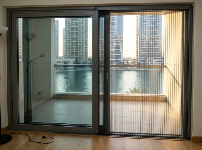 Centra pleated mosquito screen drawn from the centre of a sliding balcony door in a JLT apartment