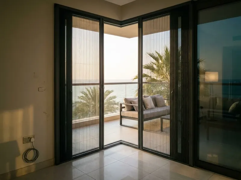 Two Corner pleated mosquito screen panels meeting at a post-free terrace corner on Palm Jumeirah