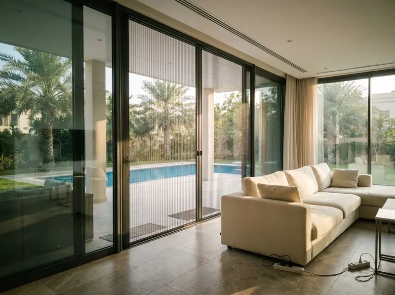 Proxima pleated mosquito screen across a very wide sliding glass wall of an Emirates Hills villa