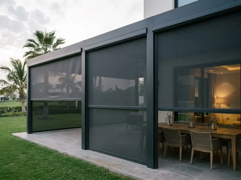 Villa pergola with zip mosquito screens rolled down between its posts