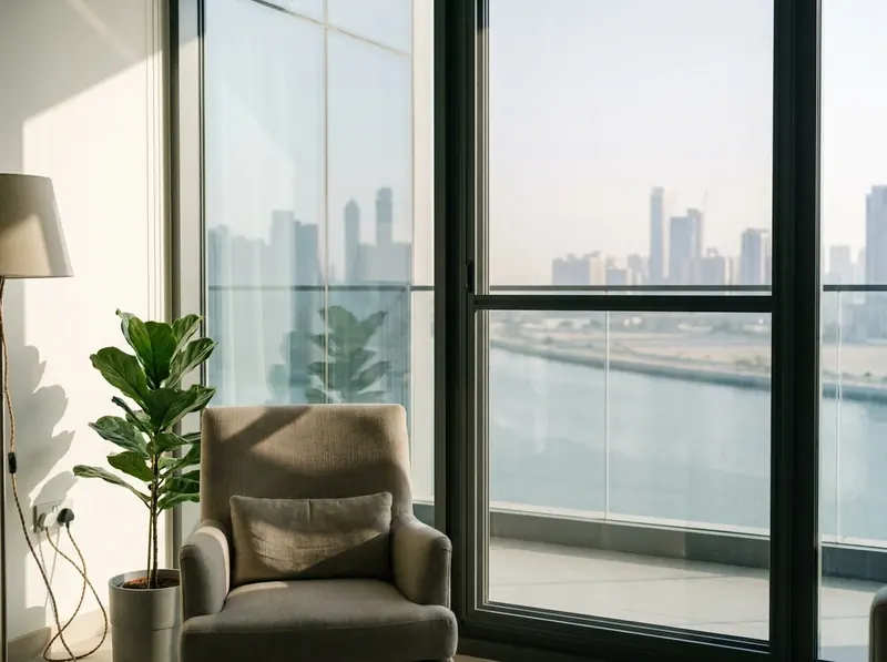 Fixed screen on a tall window over the water