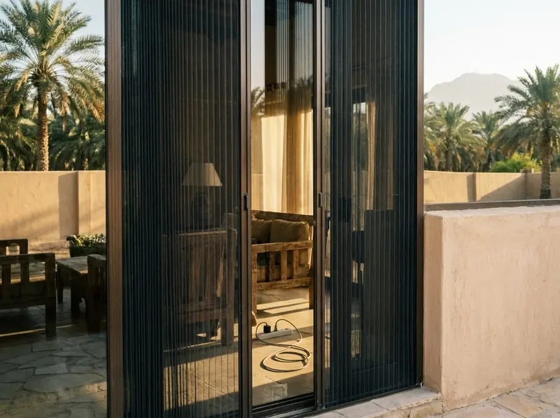 Pleated mosquito screens on the garden doors of a villa in Al Ain with date palms