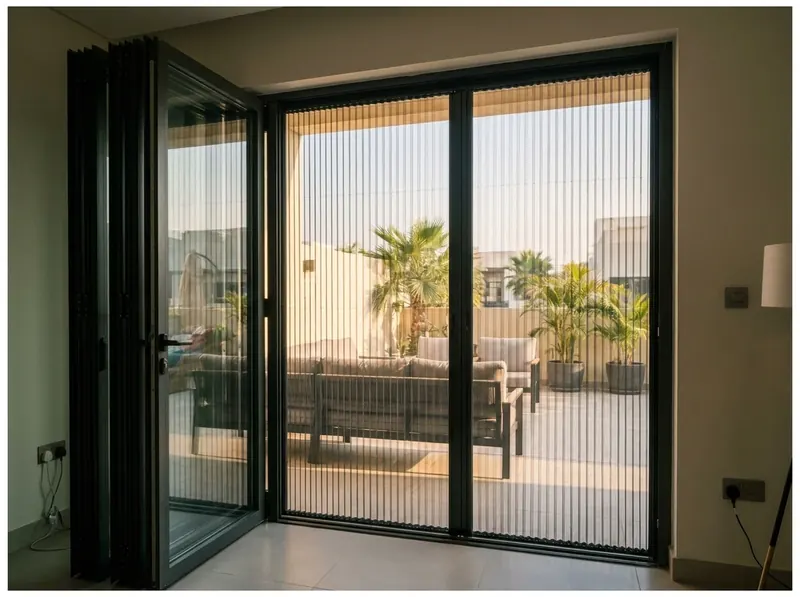 Bifold glass doors folded back with a long pleated mosquito screen across the opening