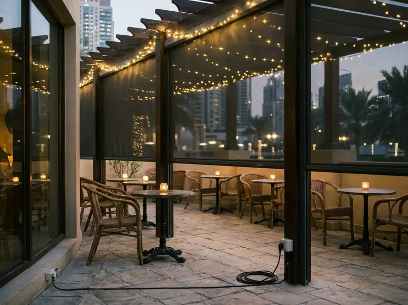 Café terrace in Dubai with mosquito screens lowered between the posts in the evening