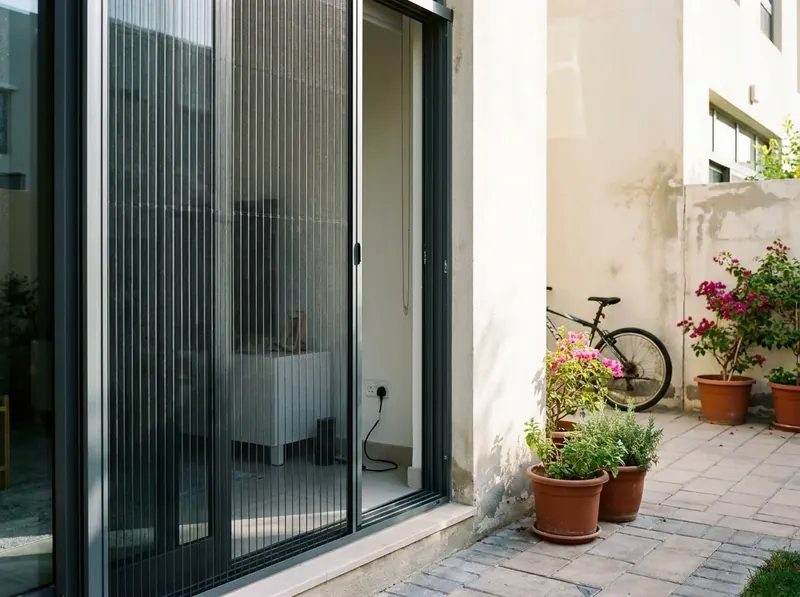 Pleated mosquito net on the courtyard door of a Dubai townhouse, potted plants outside