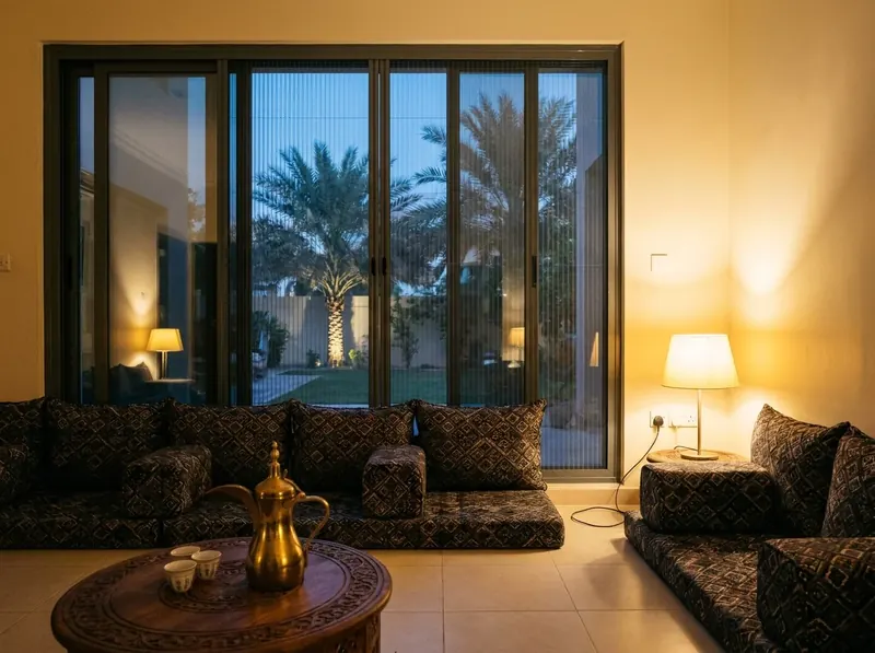 Villa majlis in the evening, pleated mosquito net across the tall sliding glass to the garden